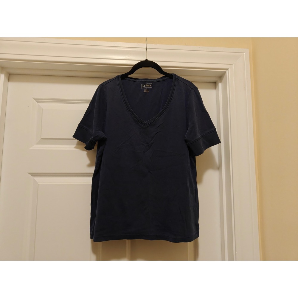 LL Bean Womens Navy Blue 100% Cotton V-Neck Short Sleeve T-Shirt Size L 262387